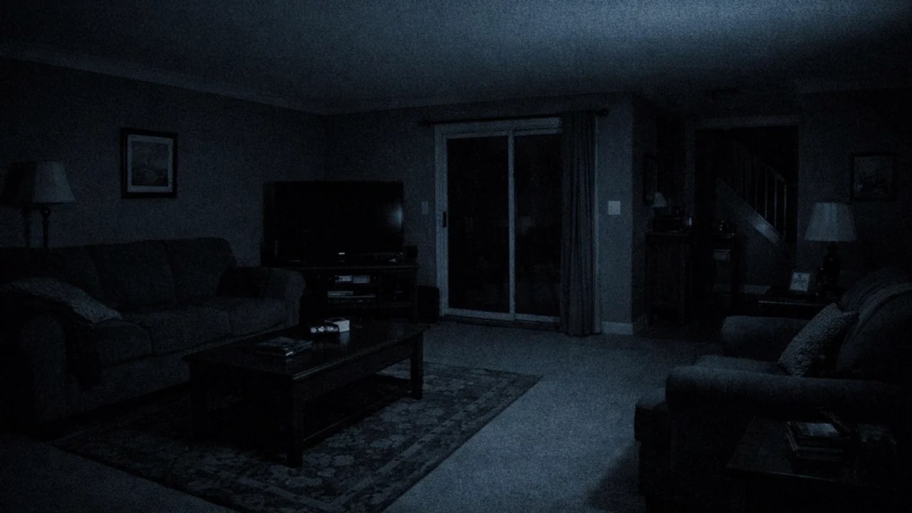 Statičan kadar dnevne sobe snimljen kućnom kamerom u found footage stilu, naglašava realizam i napetost