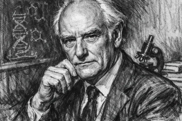 Portret Francisa Cricka u crno-bijelom uglj stil crtežu, naglašen kontrast i izražajne linije