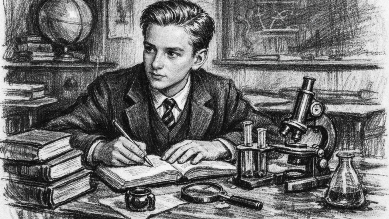 Mladi Francis Crick u učionici, prikazan u uglj stil crtežu s knjigama i znanstvenom znatiželjom