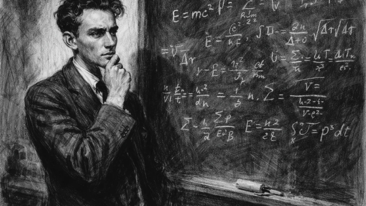 Francis Crick tijekom studija fizike uz ploču s formulama, izveden u uglj stil tehnici