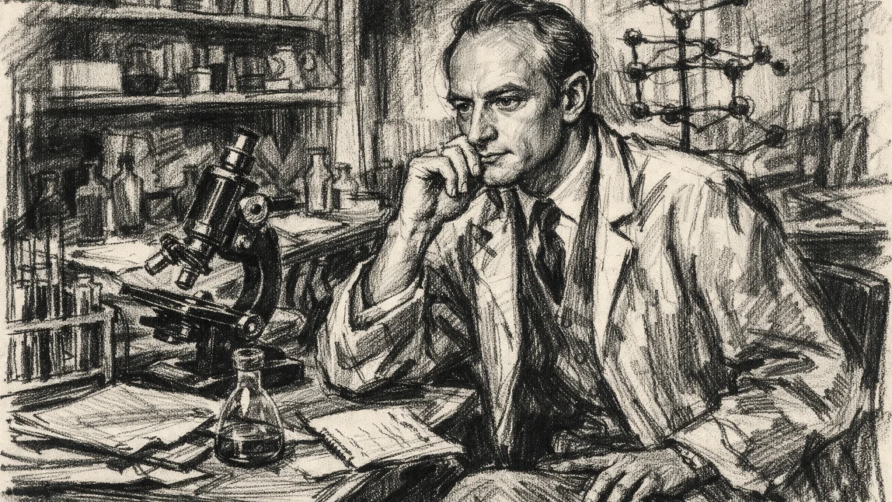 Francis Crick na Cambridgeu u laboratoriju, detaljan uglj stil crtež znanstvenog okruženja