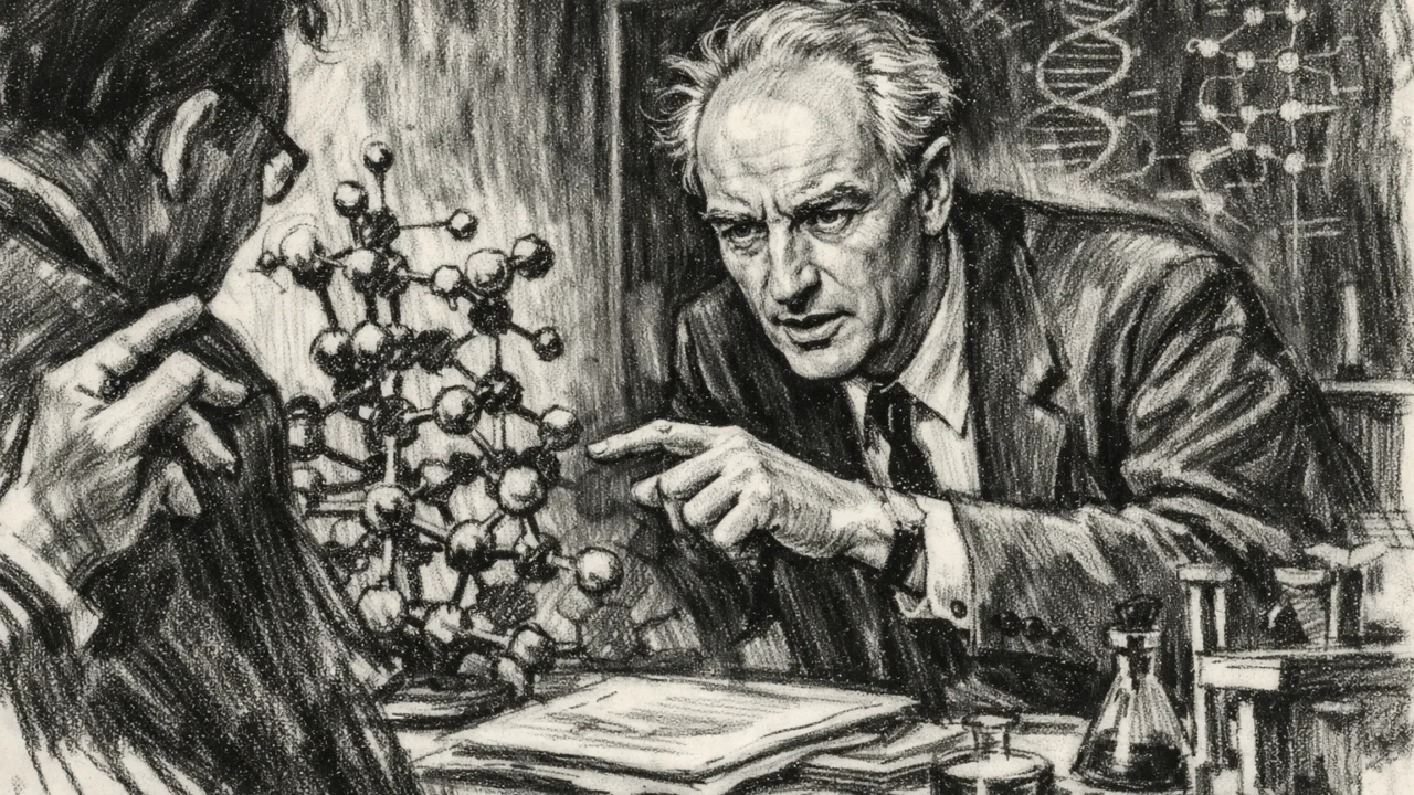 Francis Crick u znanstvenoj raspravi, prikazan u dosljednom uglj stil crtežu