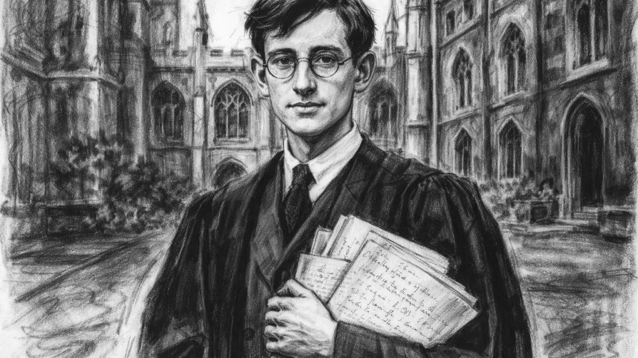 Freeman Dyson kao student na Cambridgeu, povijesna scena u ugalj stilu s akademskom atmosferom
