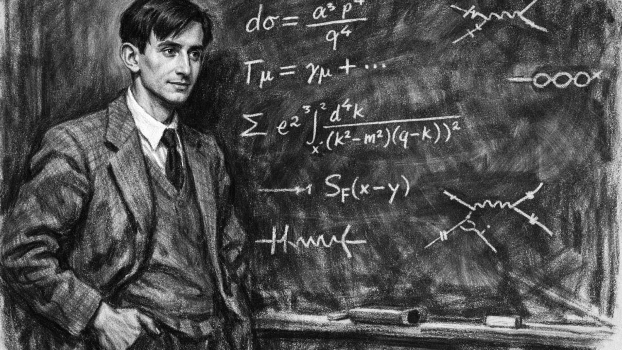 Freeman Dyson u Princetonu dok razvija kvantnu elektrodinamiku, prikaz u ugalj stilu