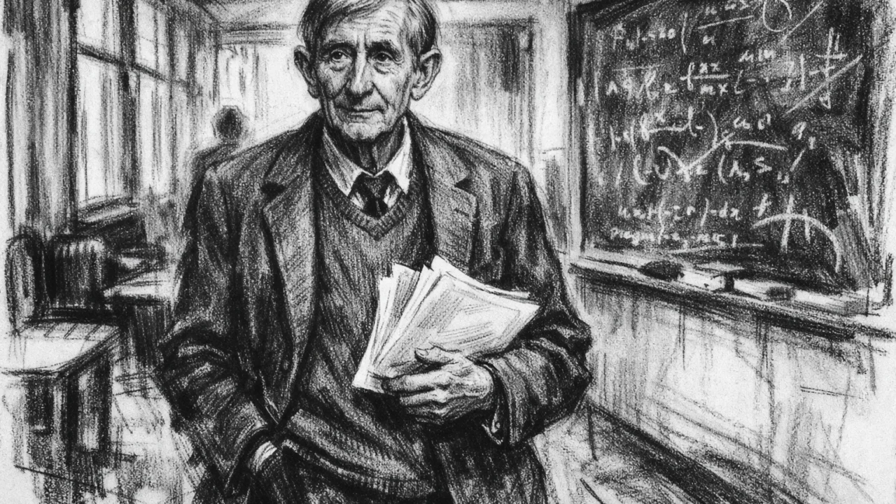Stariji Freeman Dyson kao ugledni znanstvenik, prikazan u dosljednom ugalj stilu