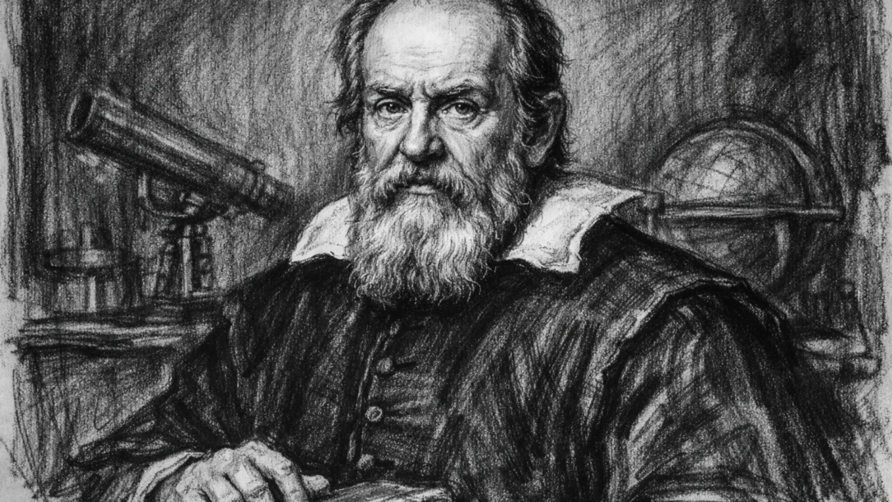 Portret Galilea Galileija u ugalj stilu, crno-bijeli prikaz znanstvenika s izrazitim kontrastom i snažnim linijama