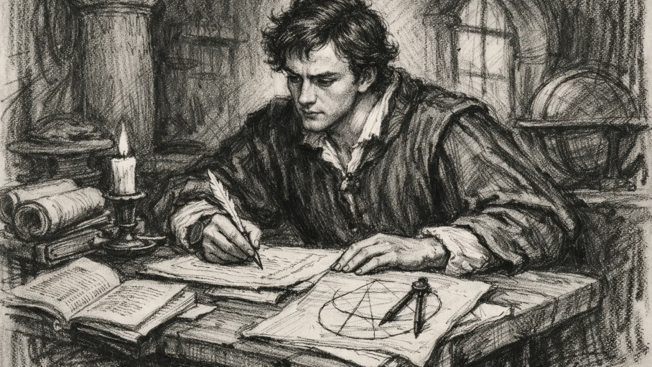 Mladi Galileo Galilei tijekom studija u Pisi, prikazan u ugalj stilu s rukopisima i učenim okruženjem