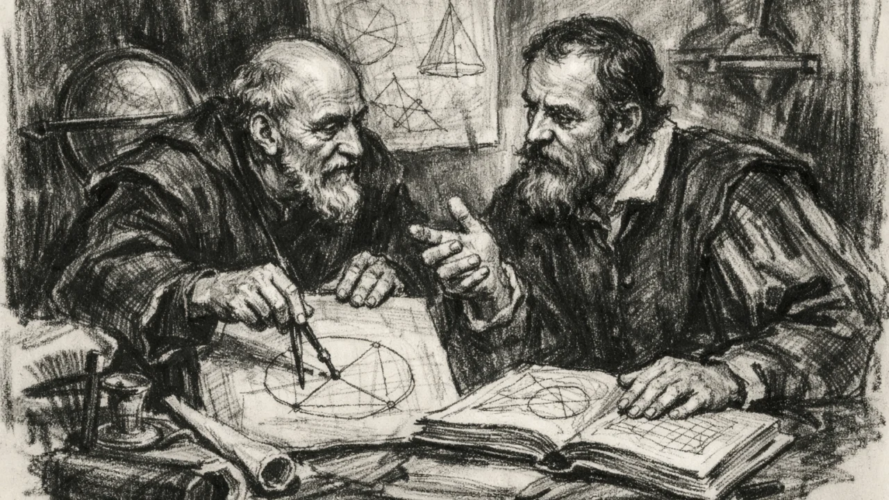 Galileo Galilei uz mentora Ostilia Riccija u raspravi o matematici, scena u ugalj stilu s izraženim kontrastom