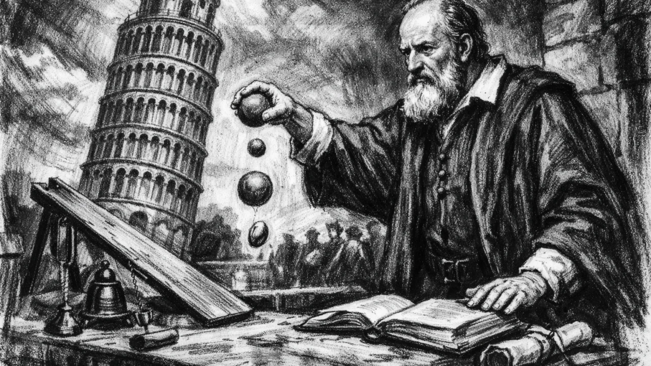 Galileo Galilei i pokusi s gibanjima u Pisi, povijesna scena prikazana u ugalj stilu