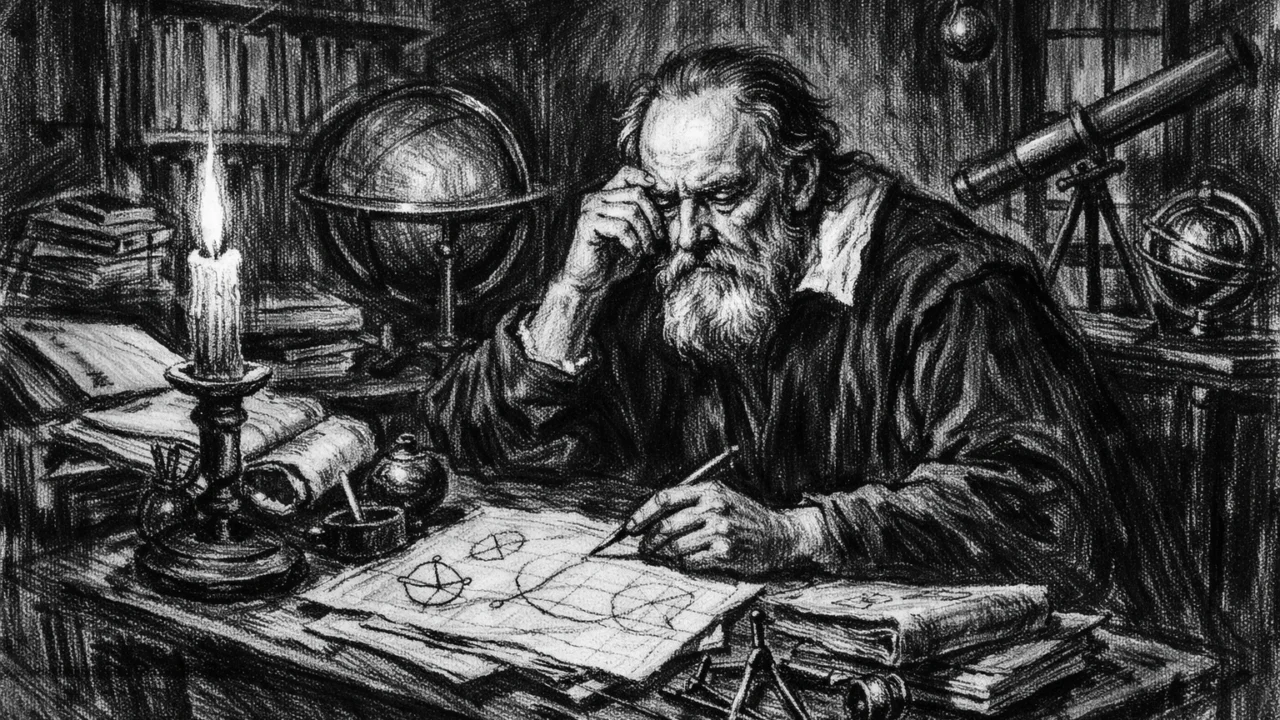Galileo Galilei u svom kabinetu, zamišljen među knjigama i instrumentima, prikazan u ugalj stilu