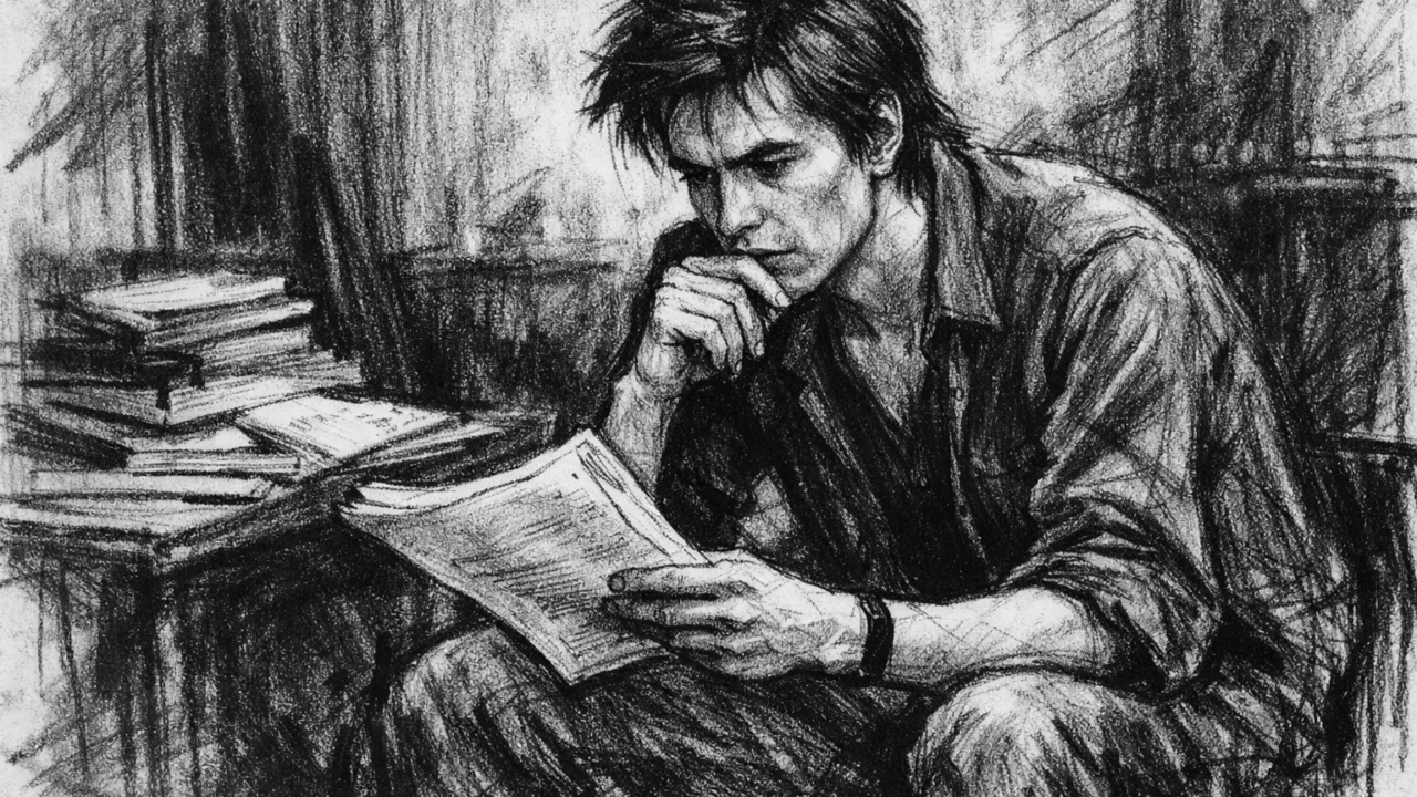 Gary Oldman kao student glume na Rose Bruford Collegeu, ilustriran u uglj stil crtežu