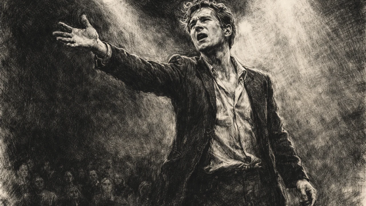 Scena ranog kazališnog nastupa Garyja Oldmana, prikazana u uglj stil crno-bijelom crtežu