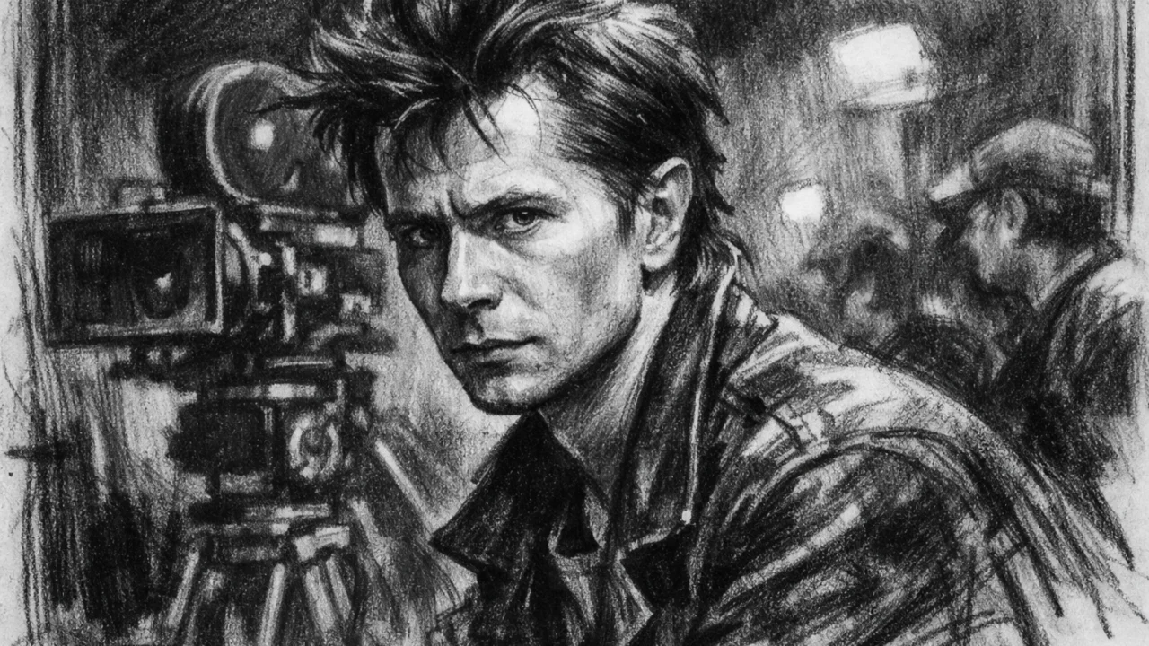 Gary Oldman na početku filmske karijere, iza kulisa snimanja, nacrtan u uglj stil tehnici