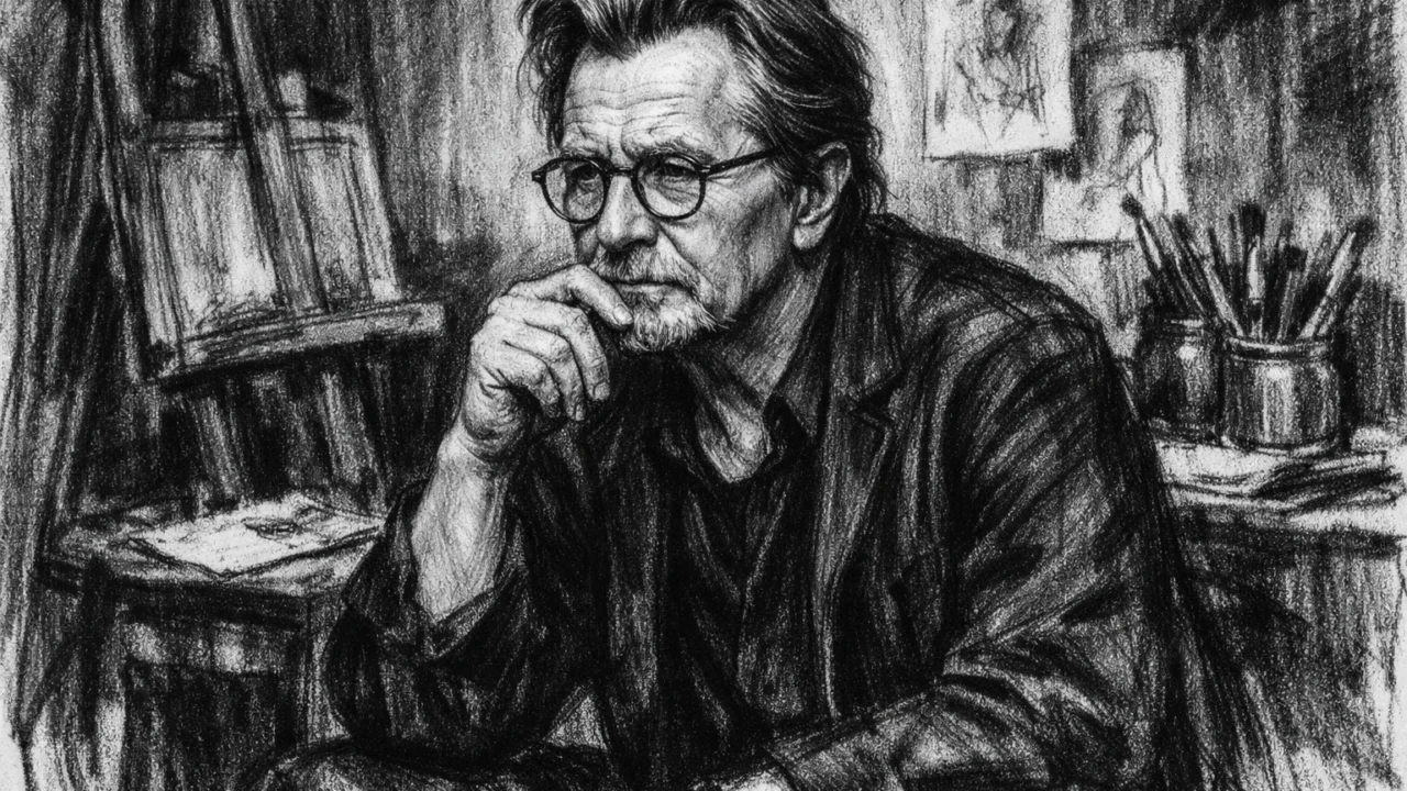 Zreli Gary Oldman u kontemplativnom trenutku, realistično prikazan u uglj stil crtežu