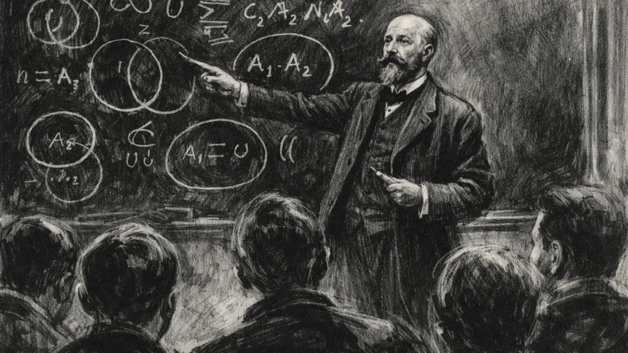 George Cantor predaje matematiku na sveučilištu, scena iz života u ugalj stil crtežu