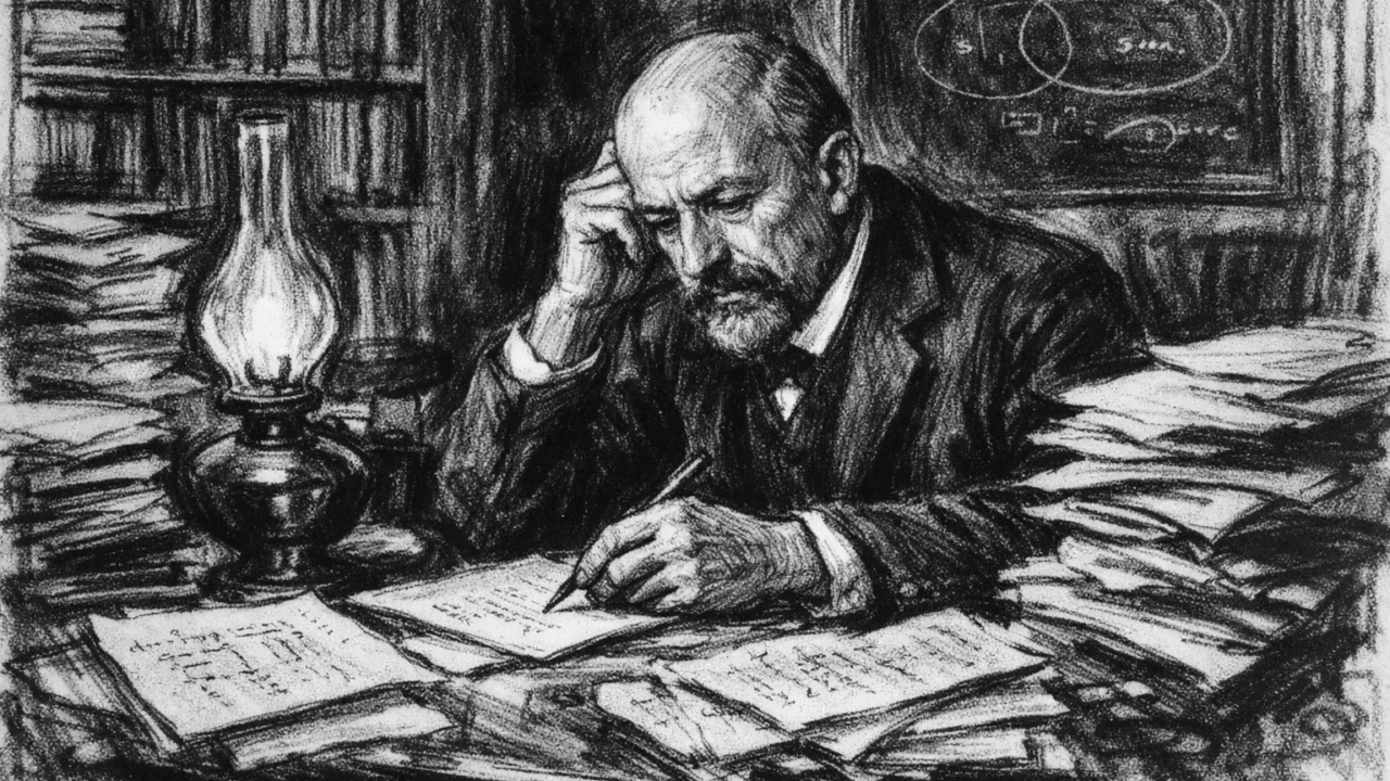 George Cantor radi sam u svom kabinetu, intimna scena prikazana u ugalj stil crtežu