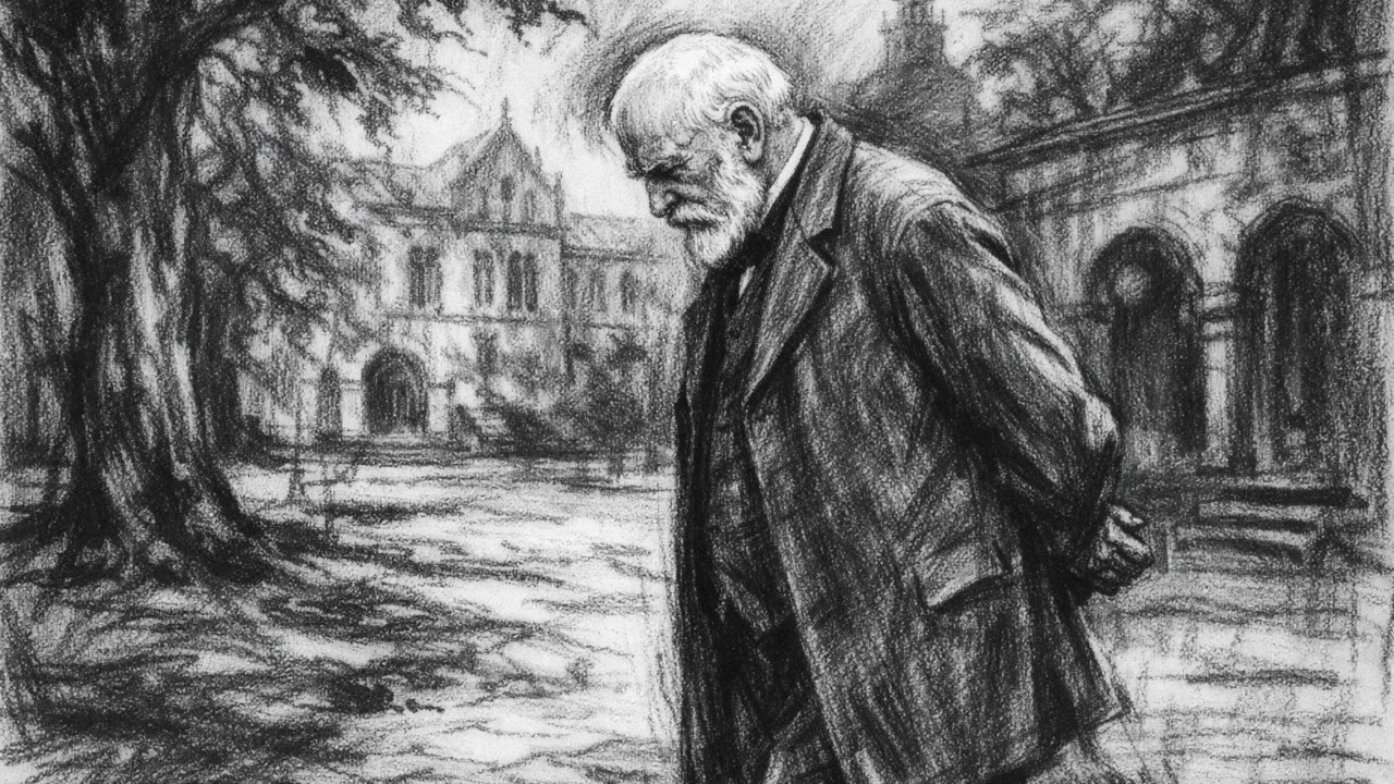 Stariji George Cantor u šetnji sveučilišnim dvorištem, prizor u ugalj stil crtežu