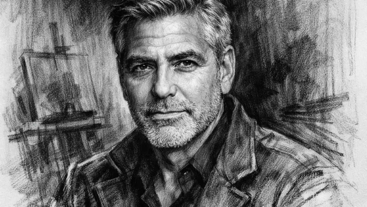 Portret Georgea Clooneya u uglj/ugalj stilu, crno-bijeli portret s izraženim kontrastom i snažnim linijama