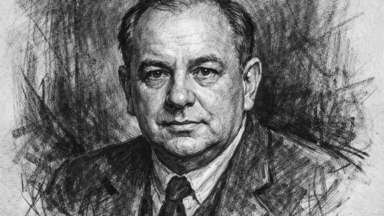 Portret Georgea Gamowa u ugalj stilu, crno-bijeli portret znanstvenika s izraženim linijama i visokim kontrastom.