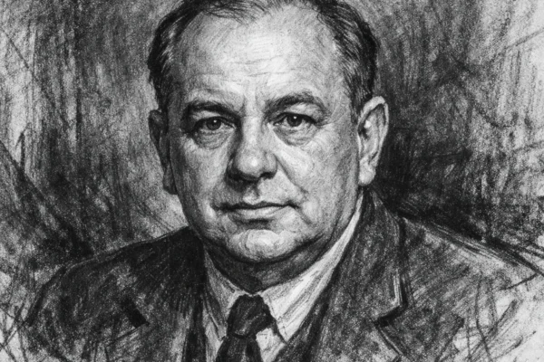 Portret Georgea Gamowa u ugalj stilu, crno-bijeli portret znanstvenika s izraženim linijama i visokim kontrastom.