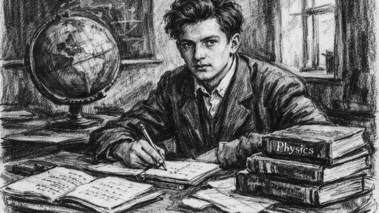Mladi George Gamow tijekom školovanja u Odesi, prikazan u ugalj stilu u učionici s knjigama i globusom.