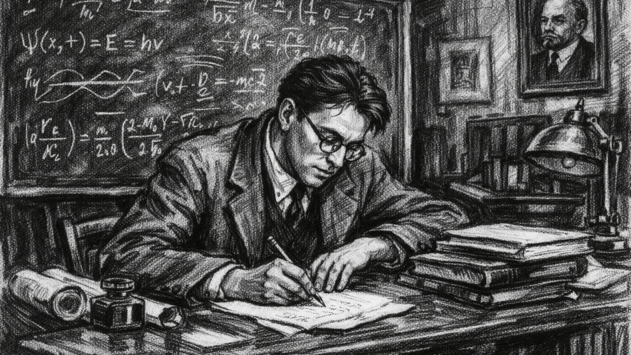 George Gamow na Sveučilištu u Lenjingradu okružen formulama, ilustracija u ugalj stilu s visokim kontrastom.