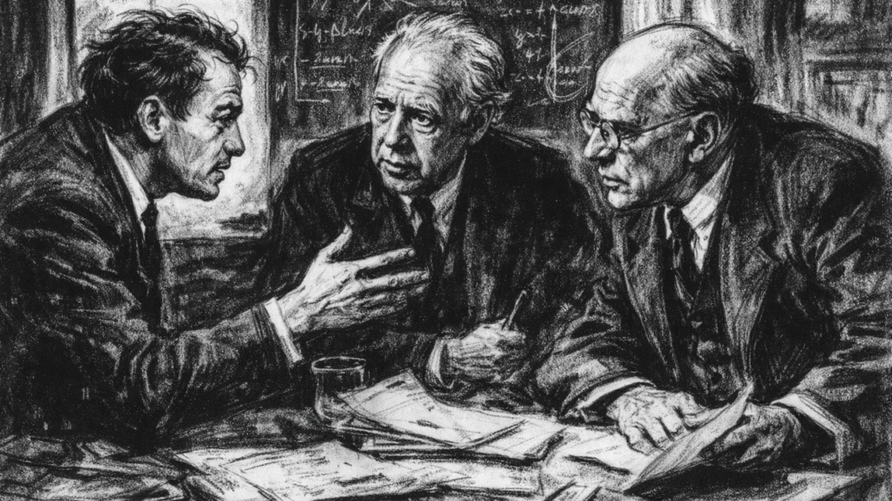 George Gamow u raspravi s europskim znanstvenicima, scena znanstvene suradnje prikazana u ugalj stilu.