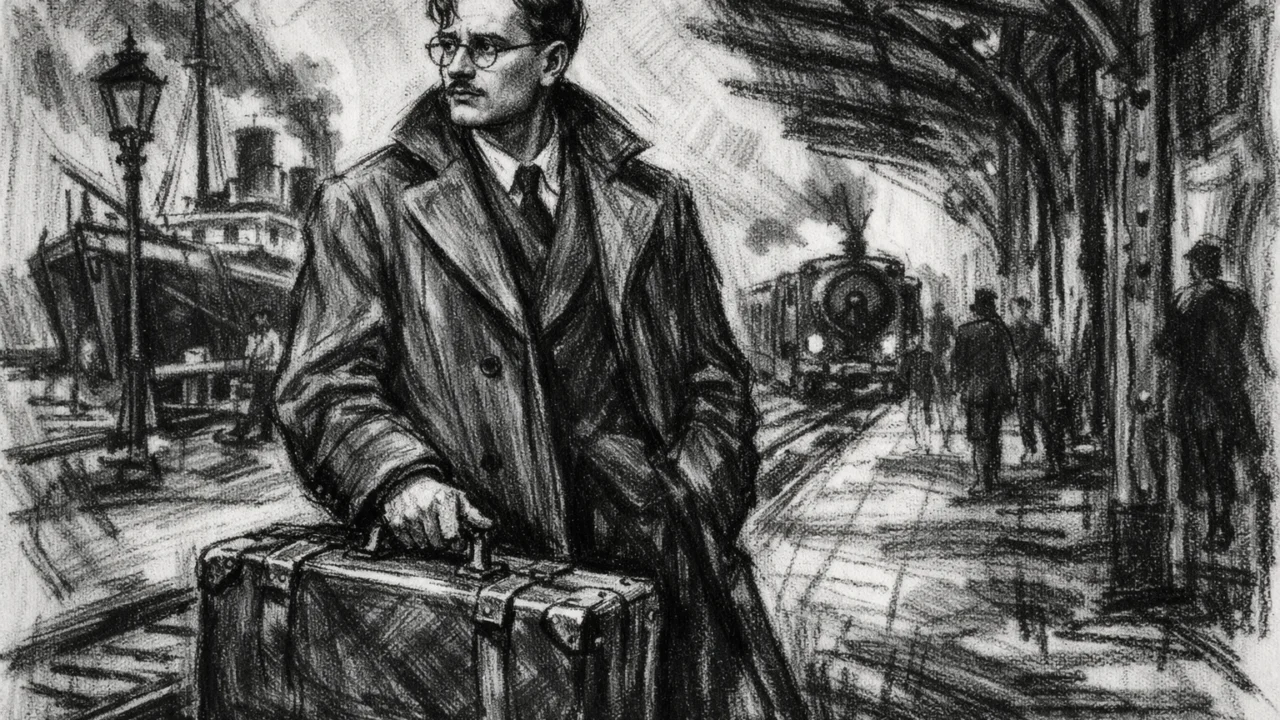 George Gamow pri odlasku iz Sovjetskog Saveza 1933. godine, emotivna scena u ugalj stilu.