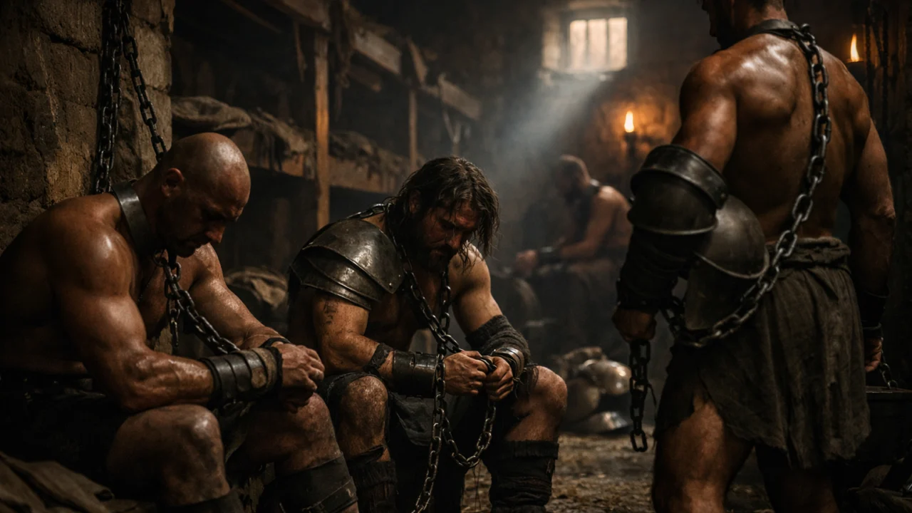 Unutrašnjost gladijatorskih odaja prije borbi u areni, prikaz surove sudbine likova u filmu Gladiator