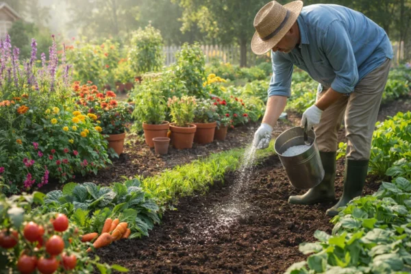 Vrtlar prihranjuje povrće i cvijeće u vrtu, prikaz pravilne gnojidbe biljaka za početnike