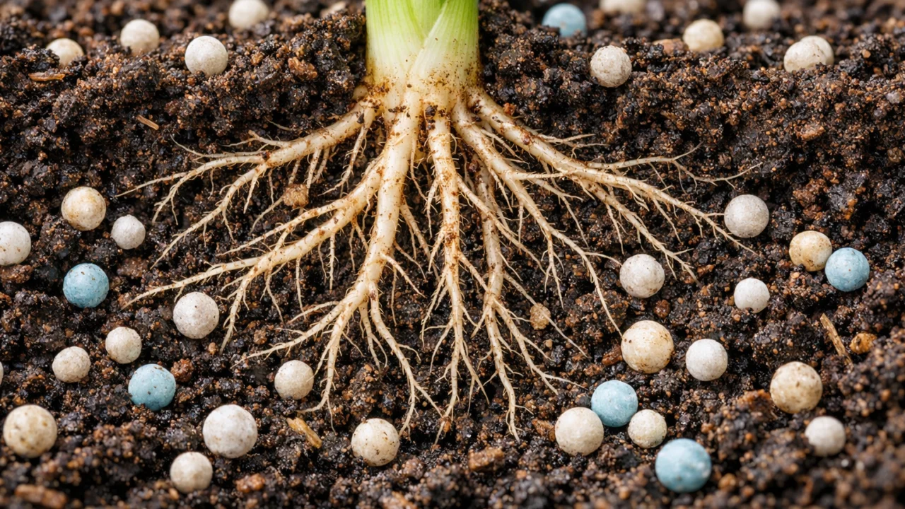 Granulirano gnojivo u vlažnom tlu oko korijena, ispravna primjena gnojiva za zdrav rast biljaka