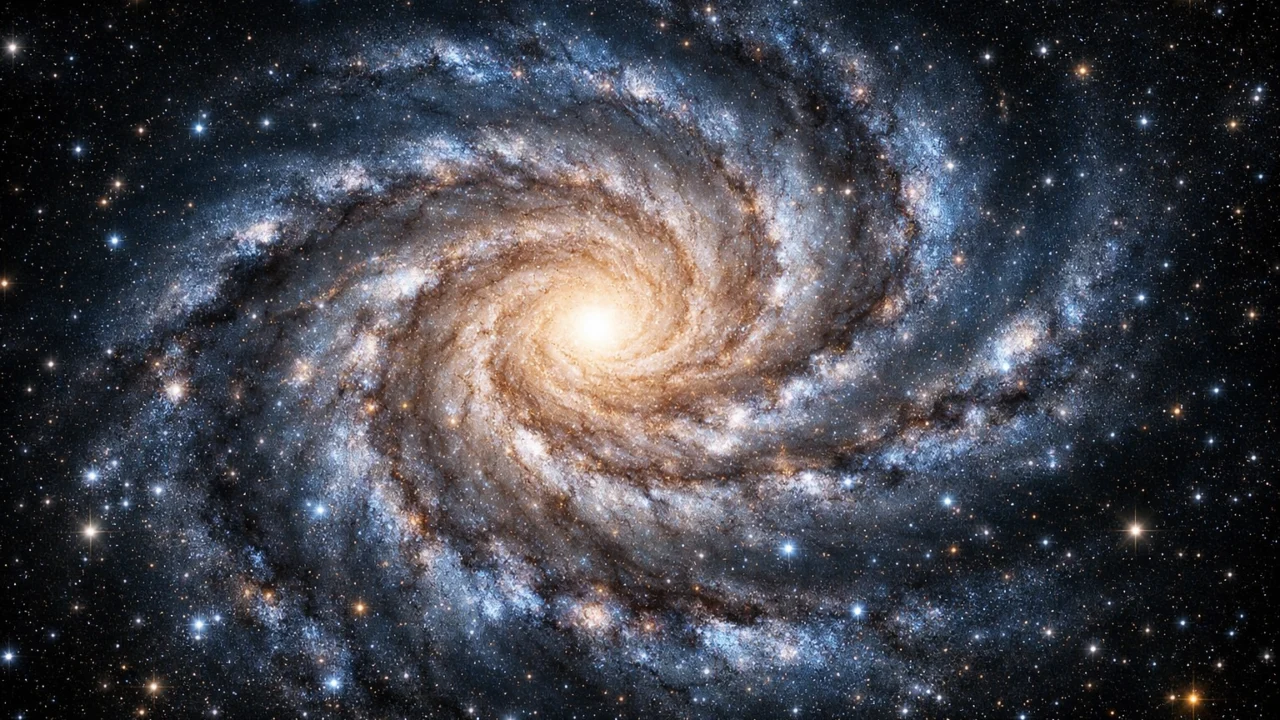 Spiralna galaksija s jasno vidljivim krakovima, zvjezdanim skupovima i međuzvjezdanom prašinom