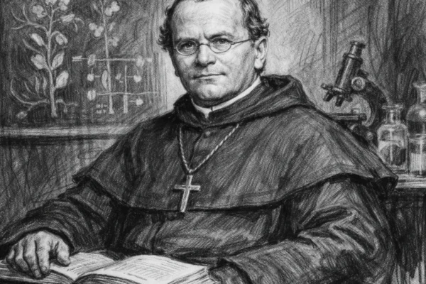 Portret Gregora Mendela u ugalj stilu, crno-bijeli portret s izraženim kontrastom i realističnim crtama lica.