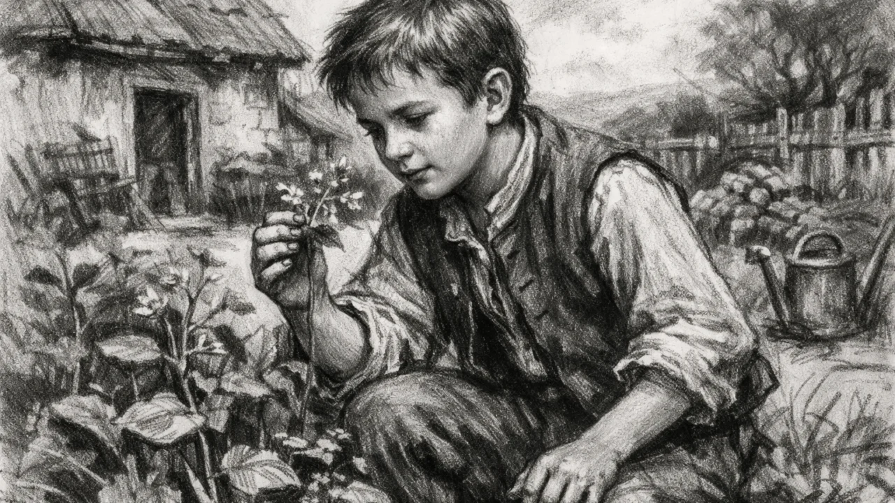 Mladi Gregor Mendel u djetinjstvu, prikazan u ugalj stilu u seoskom okruženju.