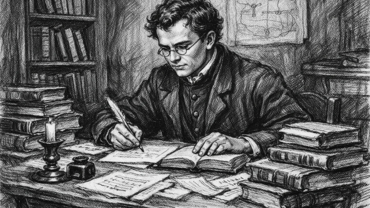 Gregor Mendel tijekom studija, nacrtan u ugalj stilu s knjigama i akademskim ambijentom.