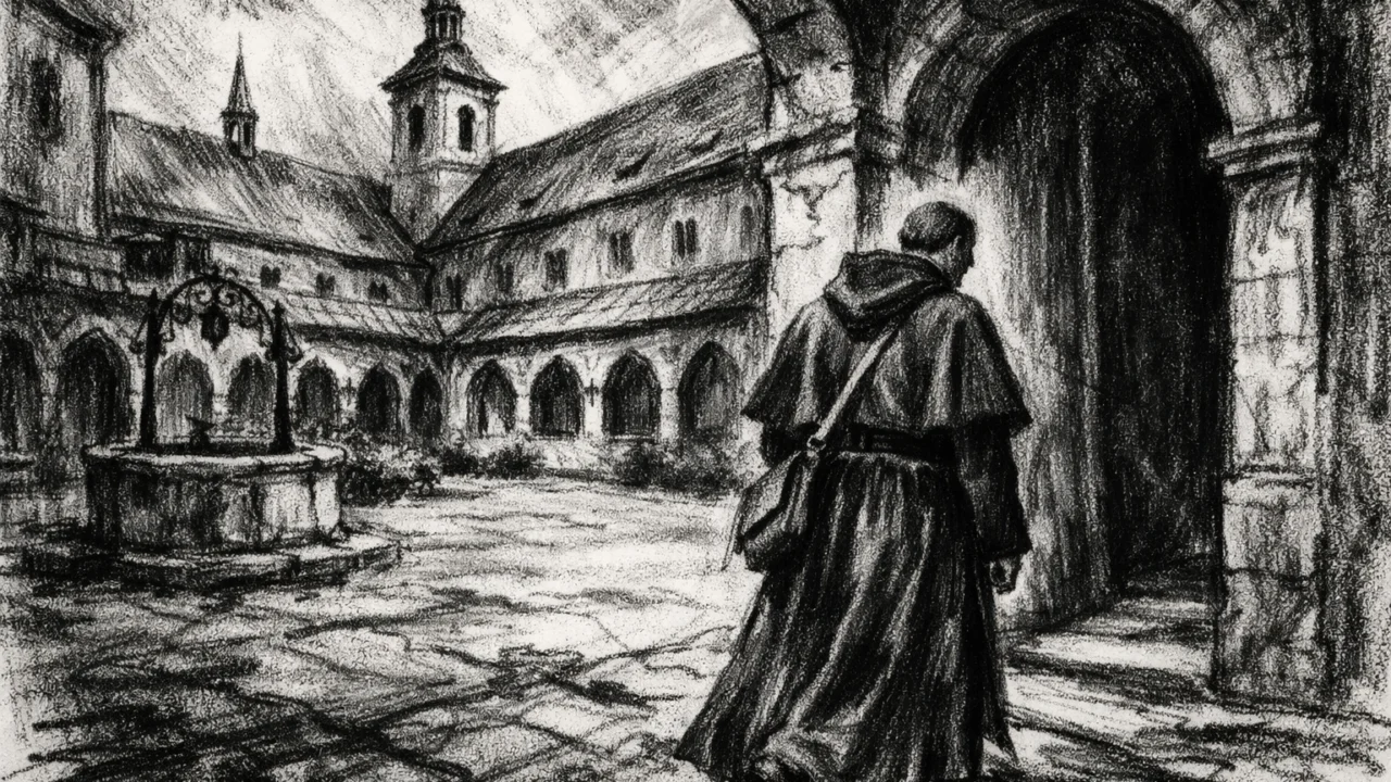 Gregor Mendel pri ulasku u samostan, prikazan u ugalj stilu s naglašenim kontrastom.