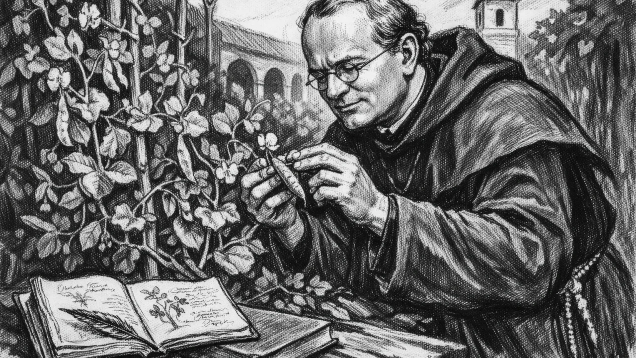 Gregor Mendel u samostanskom vrtu dok proučava biljke, ilustriran u ugalj stilu.