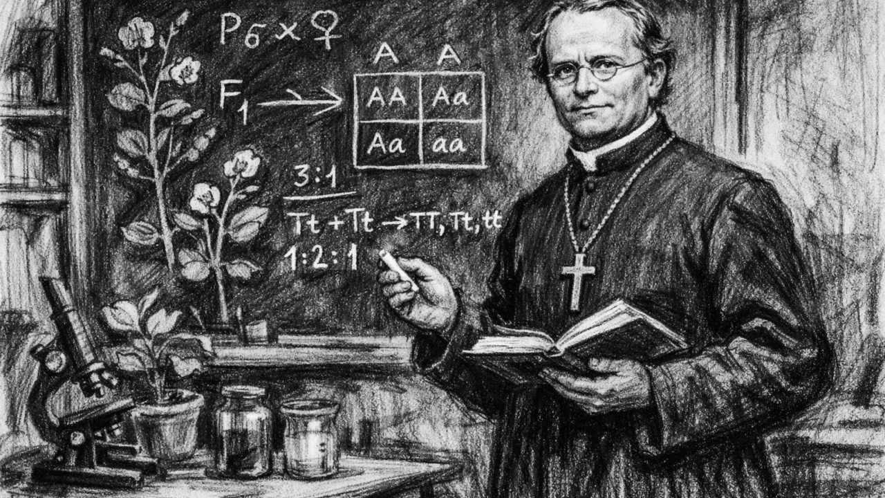 Gregor Mendel kao znanstvenik i učitelj, prikazan u ugalj stilu s edukativnim elementima.