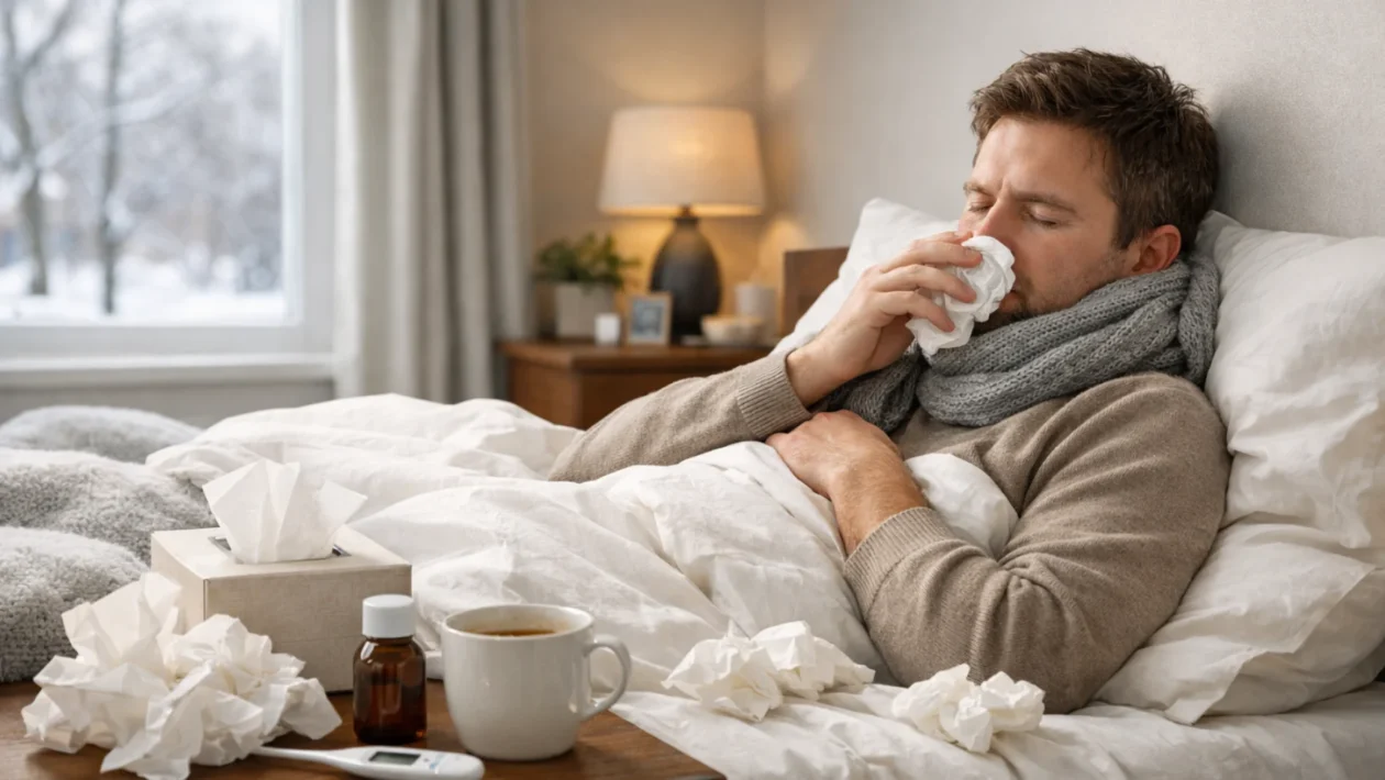 Osoba s gripom odmara u krevetu tijekom zime, tipični simptomi gripe i sezonske respiratorne bolesti
