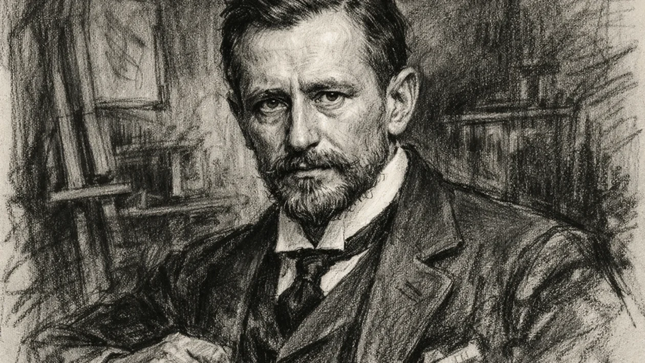 Portret Guglielma Marconija u ugalj stilu, crno-bijeli portret znanstvenika s izraženim linijama