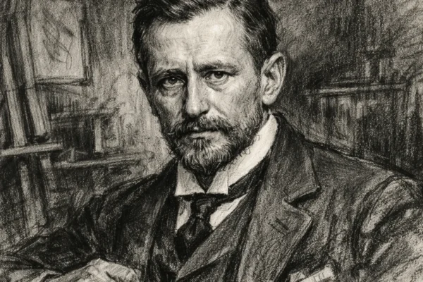 Portret Guglielma Marconija u ugalj stilu, crno-bijeli portret znanstvenika s izraženim linijama