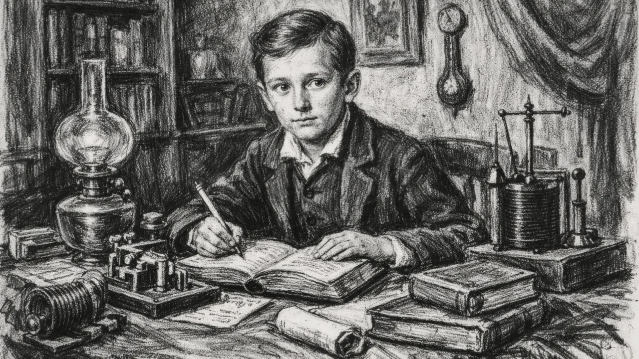 Mladi Guglielmo Marconi u ranom djetinjstvu kako uči znanost, prikaz u ugalj stilu