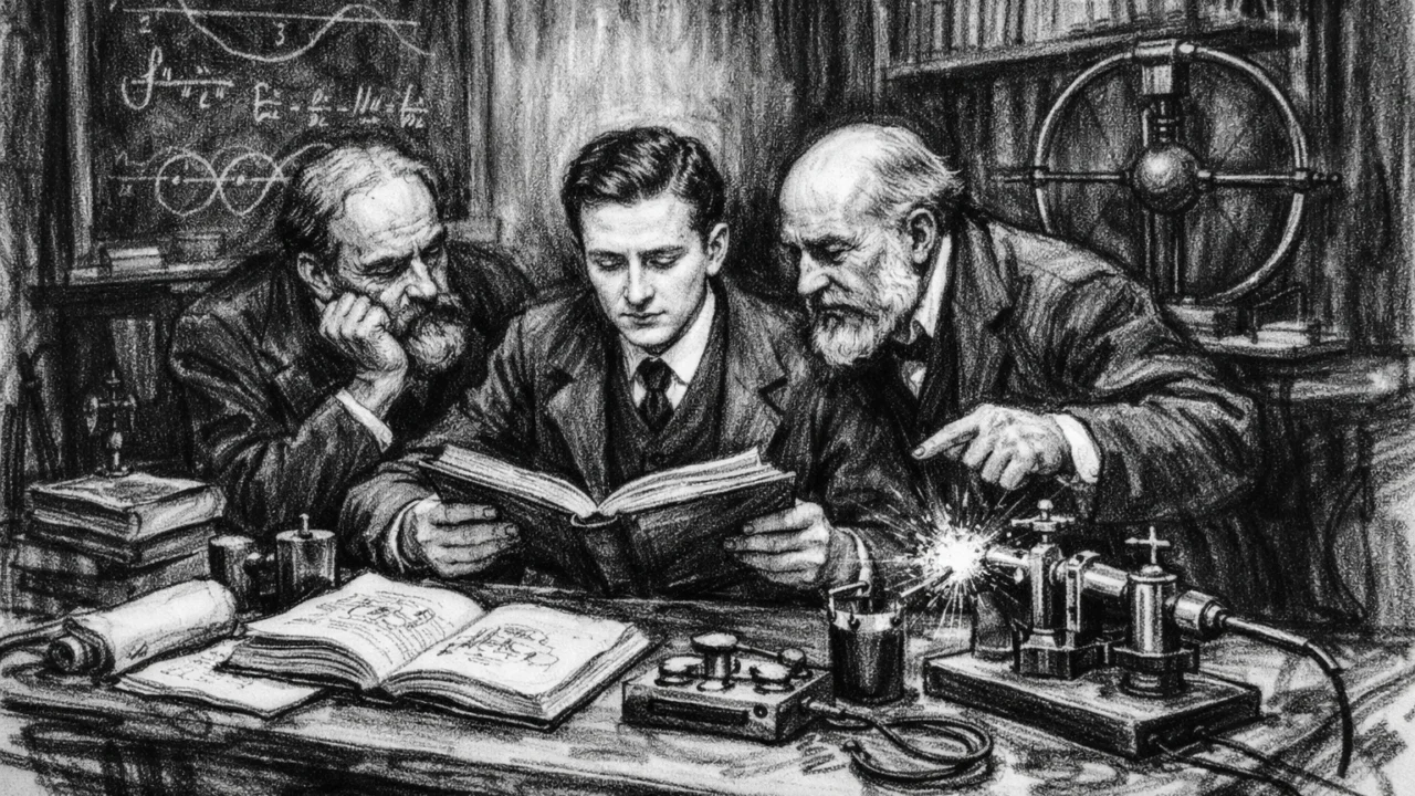 Guglielmo Marconi tijekom privatnog školovanja i proučavanja fizike, ilustracija u ugalj stilu