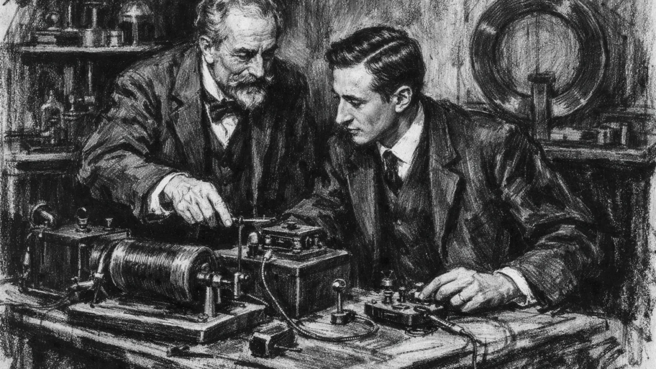 Guglielmo Marconi s profesorom Augustom Righijem u laboratoriju, scena u ugalj stilu