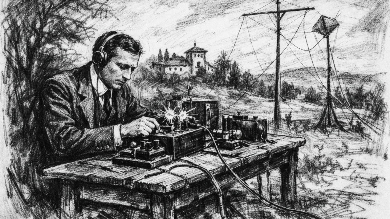 Eksperimenti bežičnog prijenosa signala Guglielma Marconija u Pontecchiju, prikaz u ugalj stilu