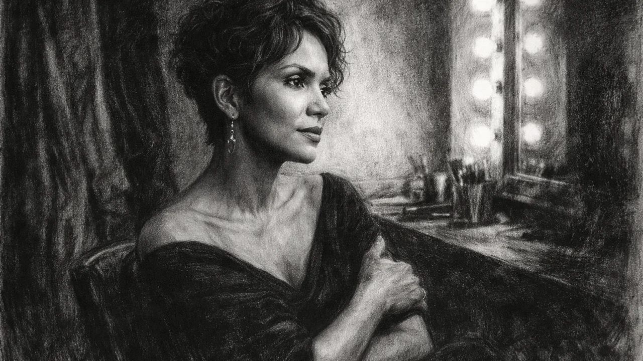 Zrela Halle Berry u intimnoj pozadini prikazana kroz ugalj stil umjetnički crtež