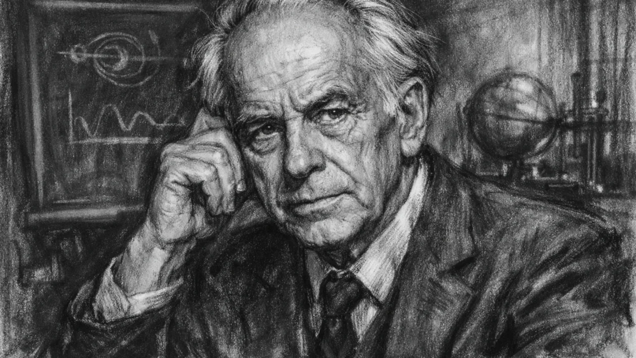 Portret Hannesa Alfvéna u ugalj stilu, crno-bijeli umjetnički prikaz znanstvenika s izraženim linijama i snažnim kontrastom.