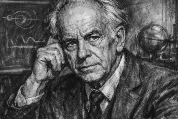Portret Hannesa Alfvéna u ugalj stilu, crno-bijeli umjetnički prikaz znanstvenika s izraženim linijama i snažnim kontrastom.