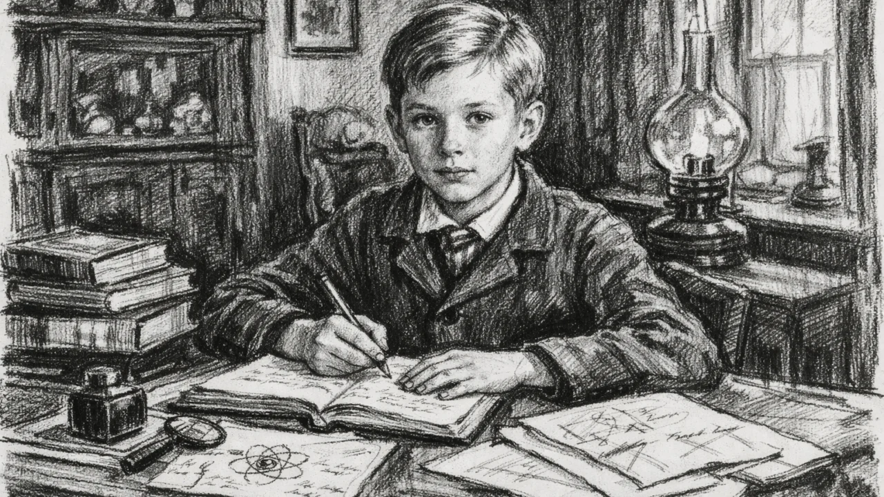 Prikaz mladog Hannesa Alfvéna u obiteljskom domu u Švedskoj, nacrtan u ugalj stilu s naglašenim kontrastom.