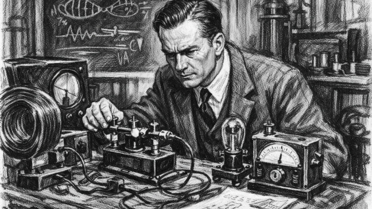 Znanstveni rad Hannesa Alfvéna u laboratoriju, ilustriran u ugalj stilu s izražajnim linijama.